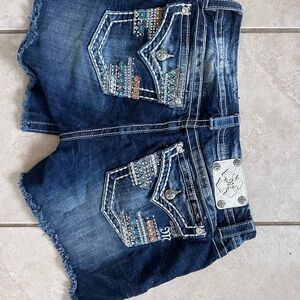 Miss Me Dark Blue Embroidered Denim Jean Shorts